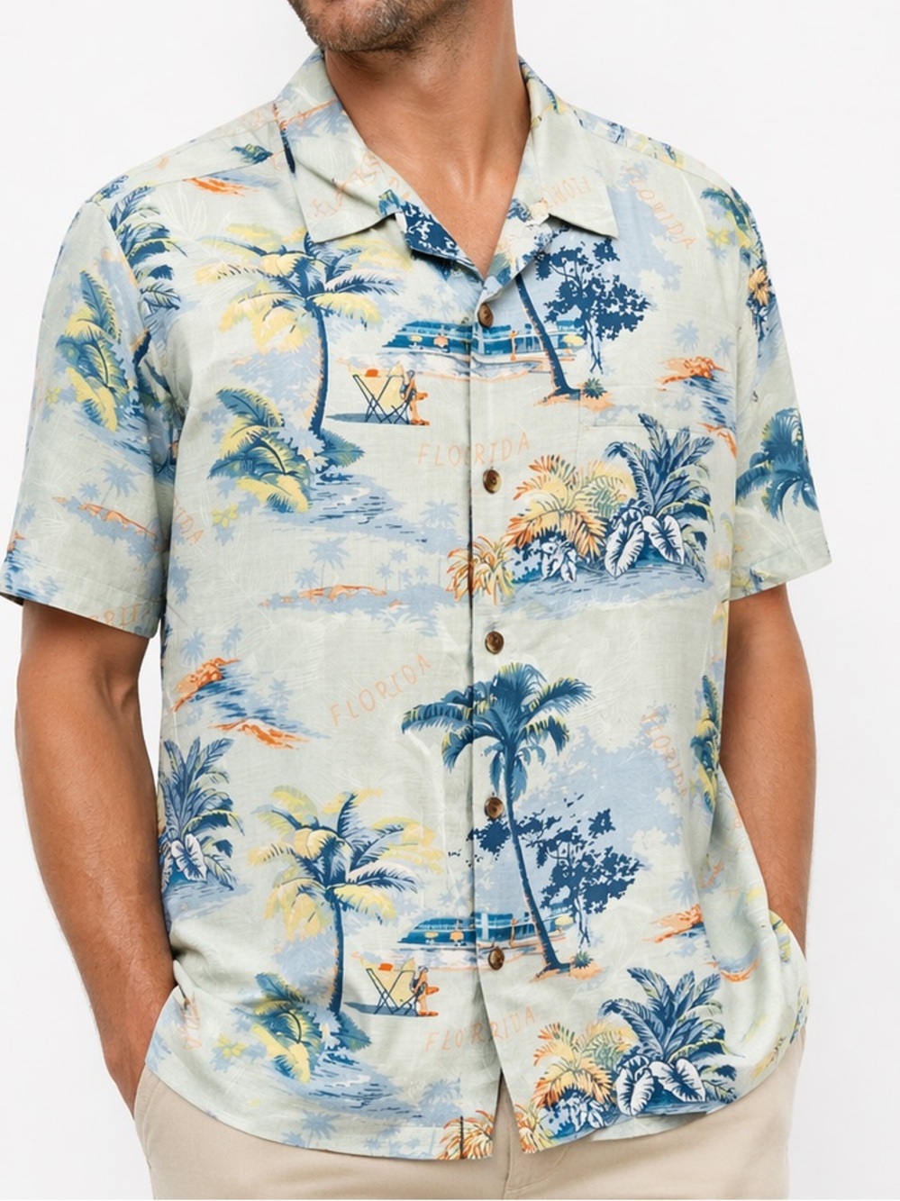 Tommy Bahama Silk Shirt Large Blue Palm Print Camp Hawaiian Button Up Florida